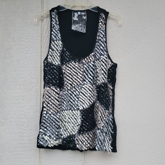 Black & White Tops - young fabulous and broke  blk/white/gray silk sequined tank wmns sz S